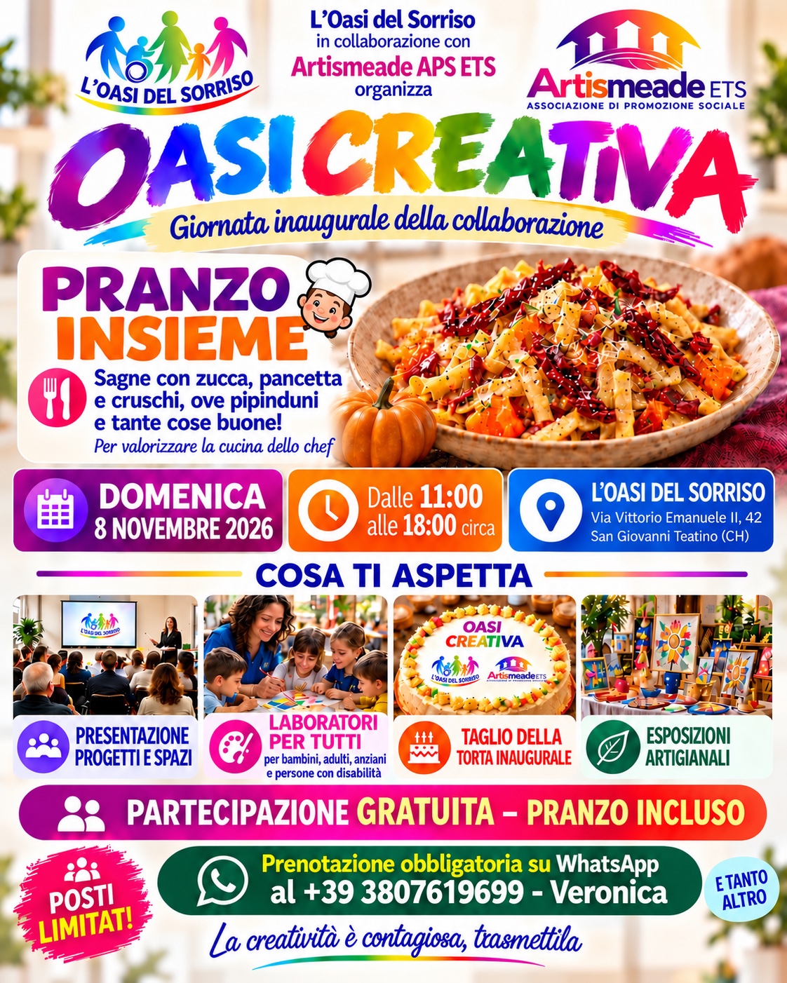 Locandina ufficiale Oasi Creativa, domenica 8 novembre 2026, L’Oasi del Sorriso in collaborazione con Artismeade APS ETS